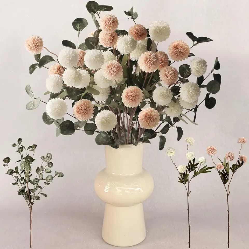 7pcs Beige Ivory Faux Silk Mums + Eucalyptus Artificial Flowers for Vase 20", Bulk Fake Small Chrysanthemum with Stems for DIY Centerpieces Vase Fillers Wedding Floral Arrangements Home Decor