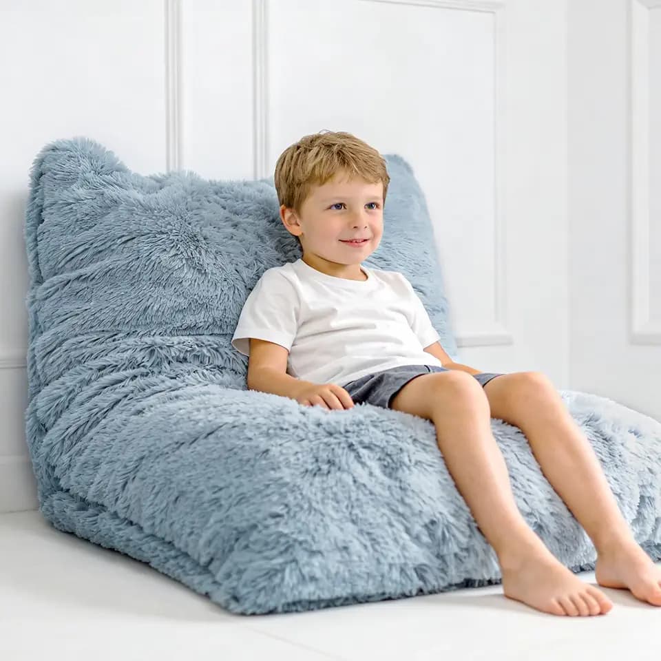 3 in 1 Kids Bean Bag Chair Bed, Kids Fluffy Stuffed Floor Pillow for Gaming and Reading, Ultra Soft Faux Fur Fabric Bean Bag Chairs to Lounger for Playroom, Living Room, Bedroom, Gray