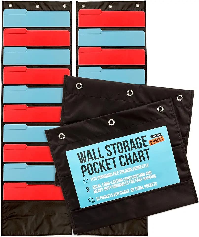 IMPRESA Deep File Pocket Chart - 47 x 14 in, Black - 2-Pack 20-Pocket Chart for Classroom Folders - Reinforced Grommets & Wall File Holder for Teachers