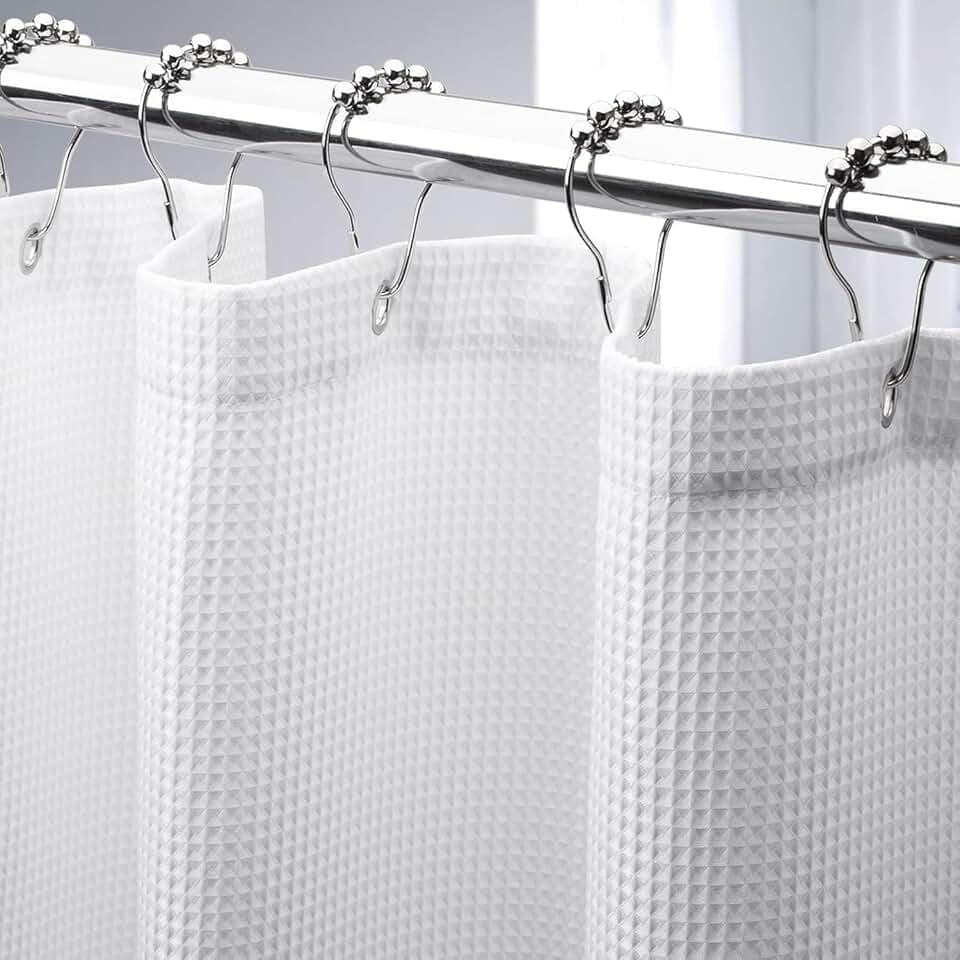 AmazerBath White Shower Curtain 76 Inches Long, Waffle Shower Curtains for Bathroom, Cloth Shower Curtain Fabric Heavy Duty 240GSM, Thick Bathroom Shower Curtains Premium Polyester, 72x76 Inches