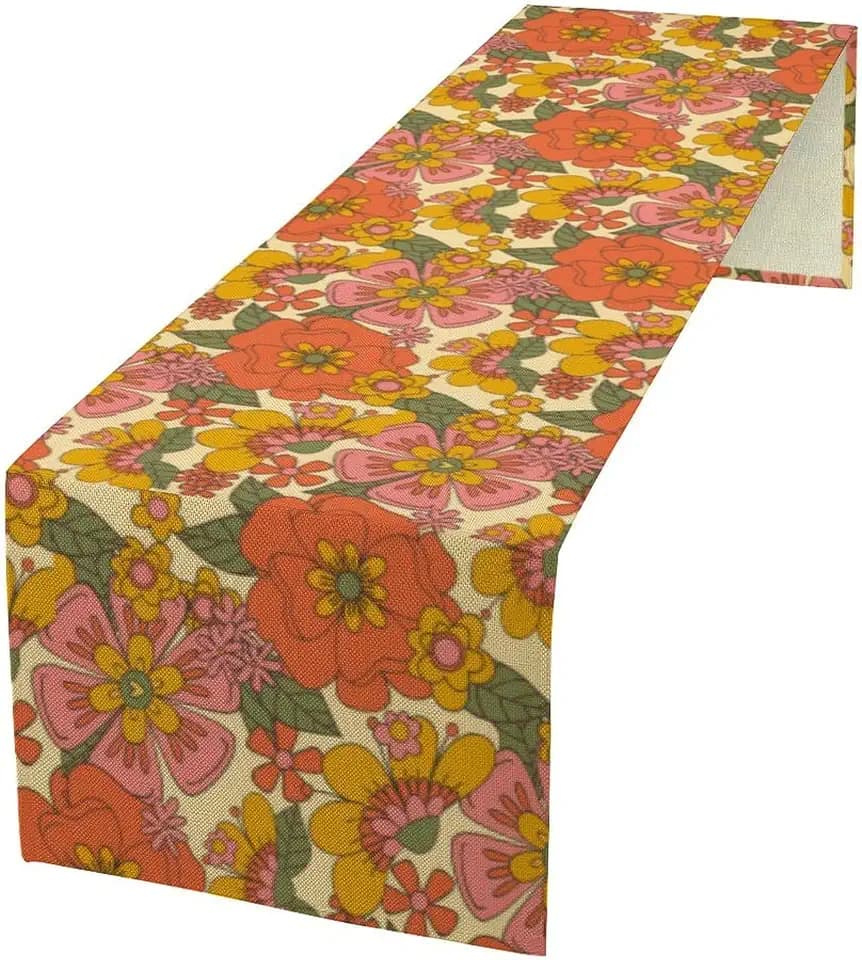 Retro 70s Floral Table Runner Hippie Daisy Flower Peace Love Birthday Party Retro Kitchen Dinning Home Decoration 13x90 Inch