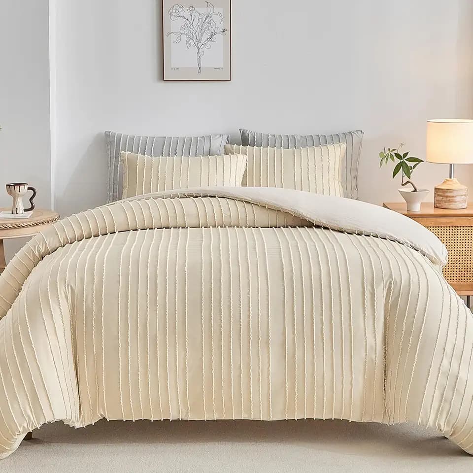 WARMDERN Khaki Boho Duvet Cover Full, Striped Textured Tufted Bedding Set