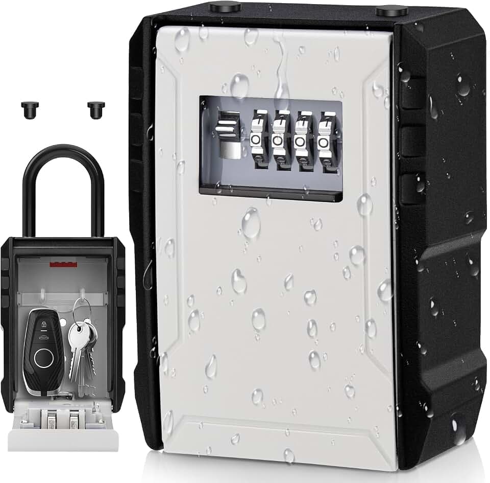 Lock Box For Keys With Code, Waterproof Large Outdoor Key Lock Box Xxl Wall Mounted Security Lock Boxes 4-Digit Combination Lockbox For Home, Rentals & Realtors, Grey with Hook