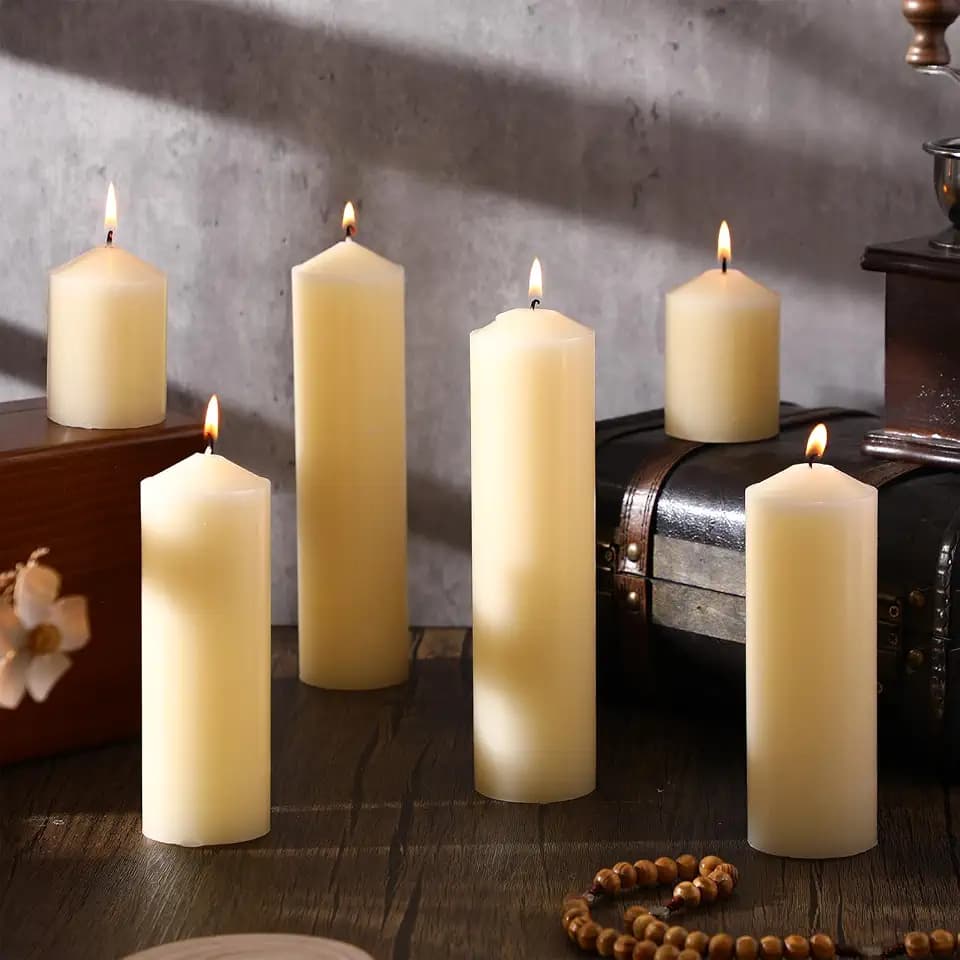 MTLEE 6 Pcs Pillar Candles 3 Set 2 in x 3, 6, 8 Inch Smokeless Dripless Unscented Pillar Candles Long Clean Burning Wax for Wedding Dinner Party Spa Emergency Ceremony Home Decor (Ivory White)