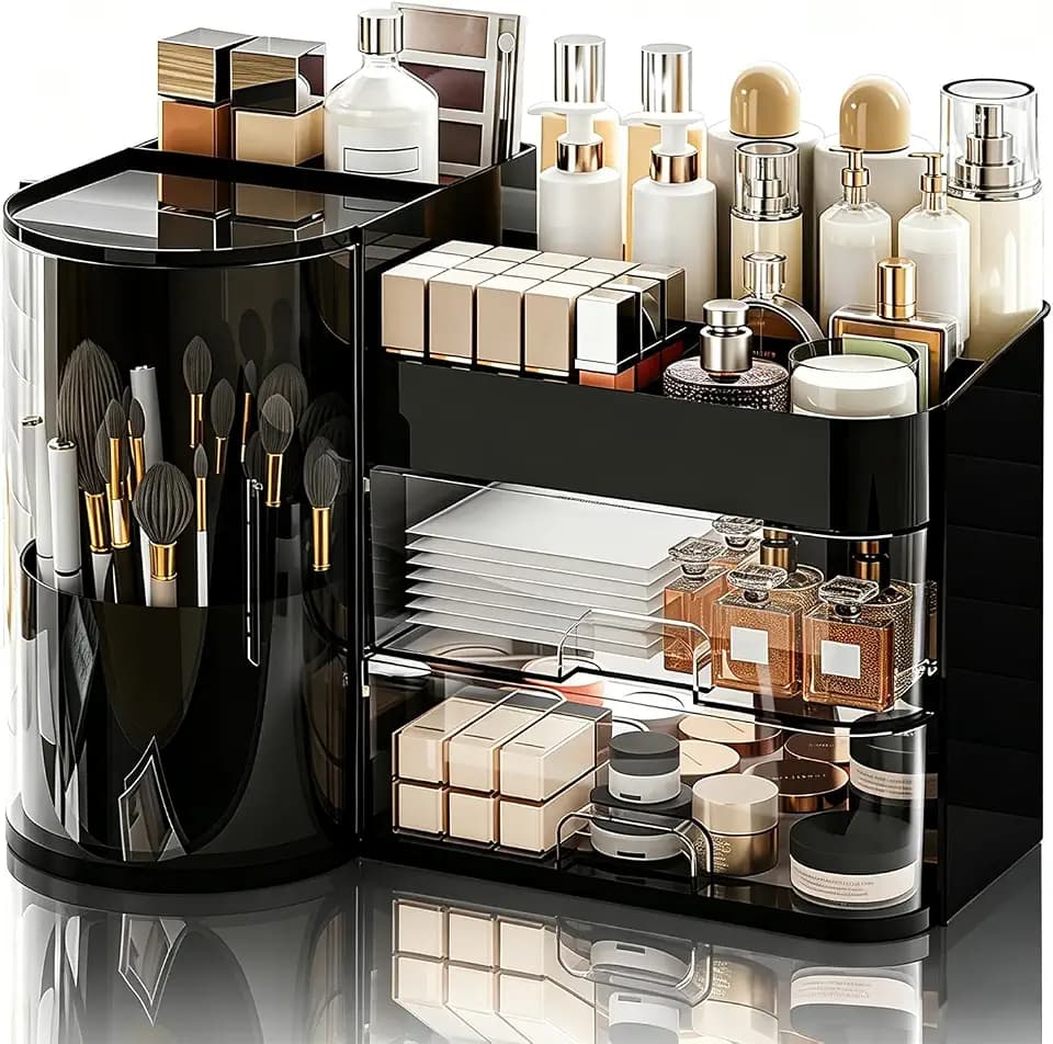 Makeup Organizer,Rotating Cosmetic Storage Organizer with Drawers,Large Capacity Makeup Brush Holder,Skincare Vanity Organizer for Bathroom Countertop,Black