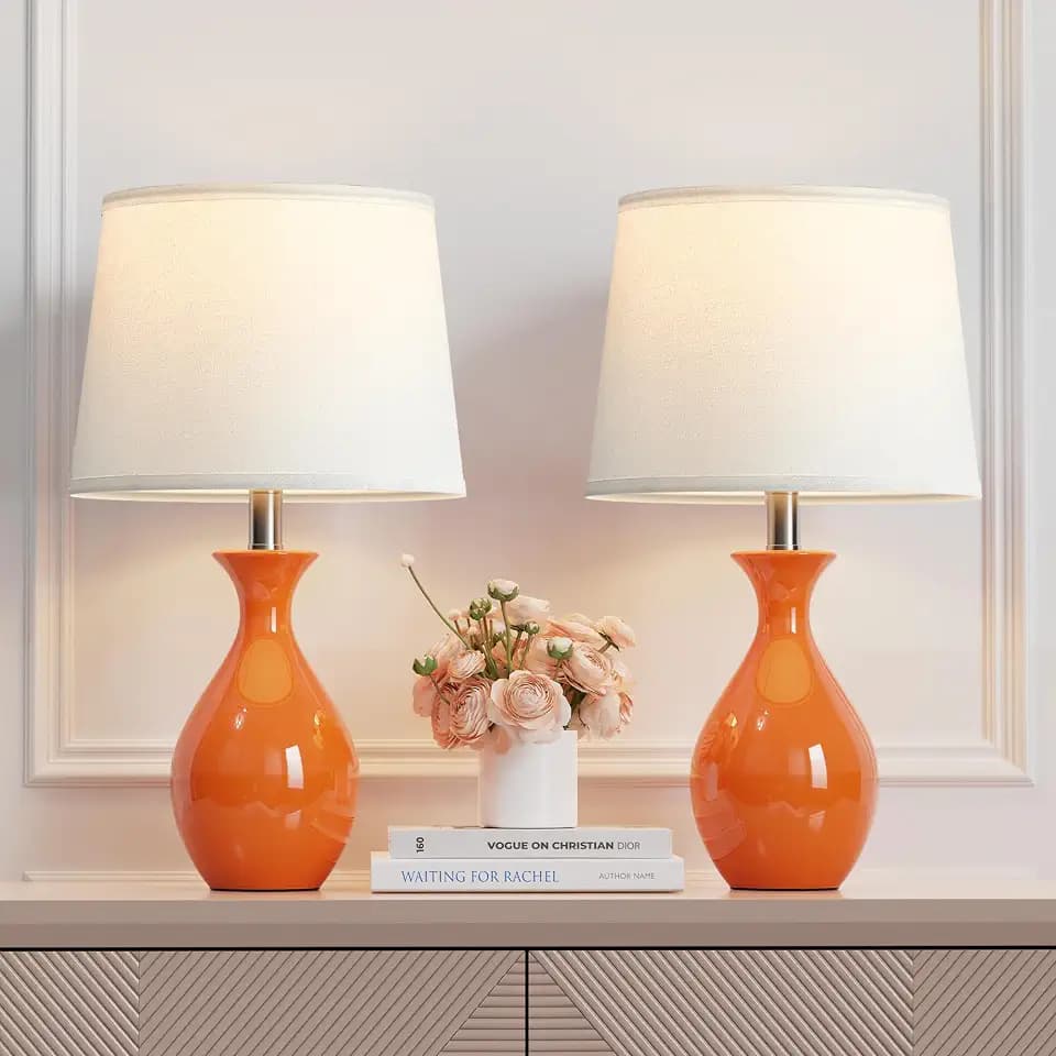 PARTPHONER Table Lamp Set of 2, Modern Ceramic Bedside Lamps for Night Stands, Classic Small Lamp Nightstand Lamp for Bedroom Living Room Desk End Table Rocker Swtich Orange