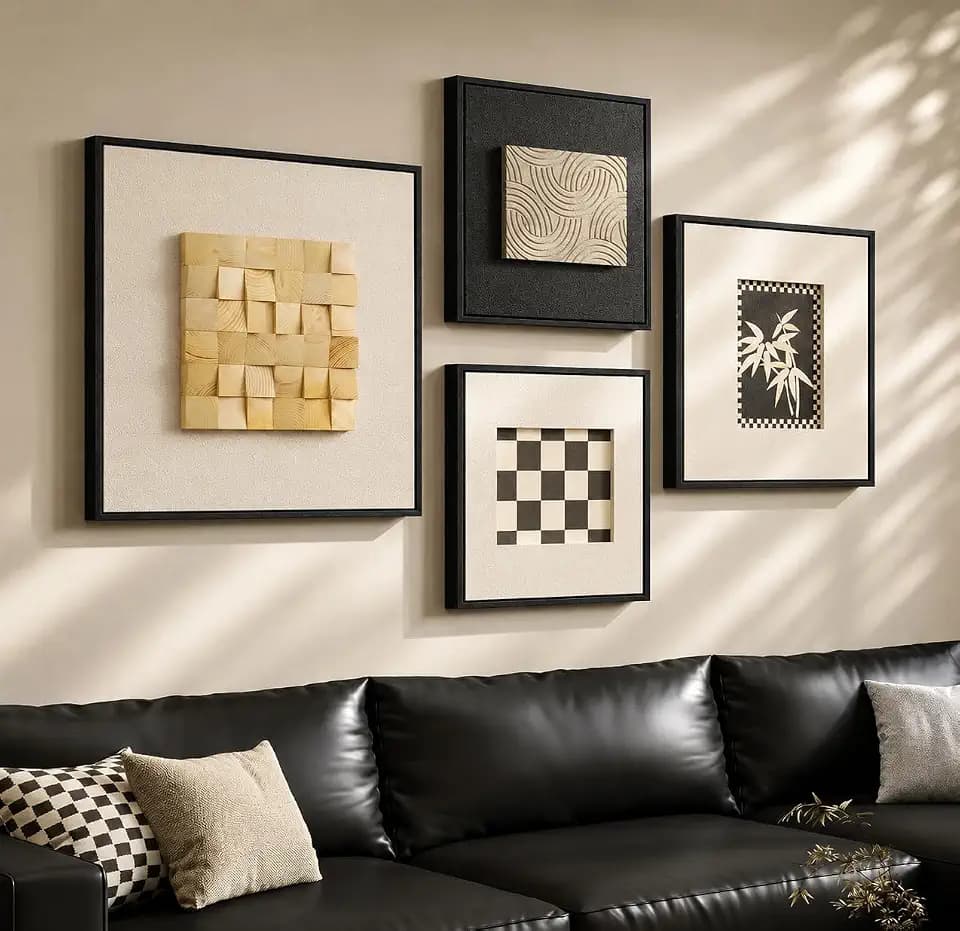 Framed 3D Textured Black and White Wood Wall Art for Living Room, Set of 4