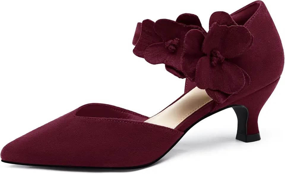 Coutgo Womens Low Kitten Heels Dressy Shoes Comfortable Closed Toe Flower Slip on Formal Party Dance Heeled Pumps