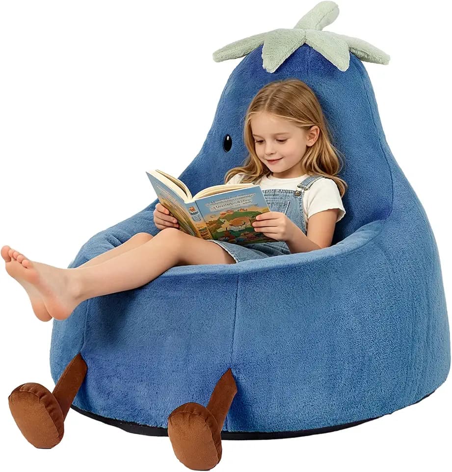 24 Inches Memory Foam Bean Bag Chair - Ultra Soft Faux Rabbit Fur Round Sofa with Handle & Machine Washable Cover, Eggplant-Shaped Kids Reading Chair for Bedroom, Living Room and Playroom, Navy