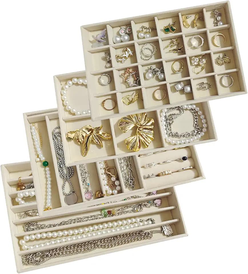 Stackable Jewelry Trays Organizer for Drawer Set of 4 – Velvet Drawer Inserts Organizer Jewelry Organizers and Display Set for Earrings, Rings, Necklaces, Bracelets (Beige)