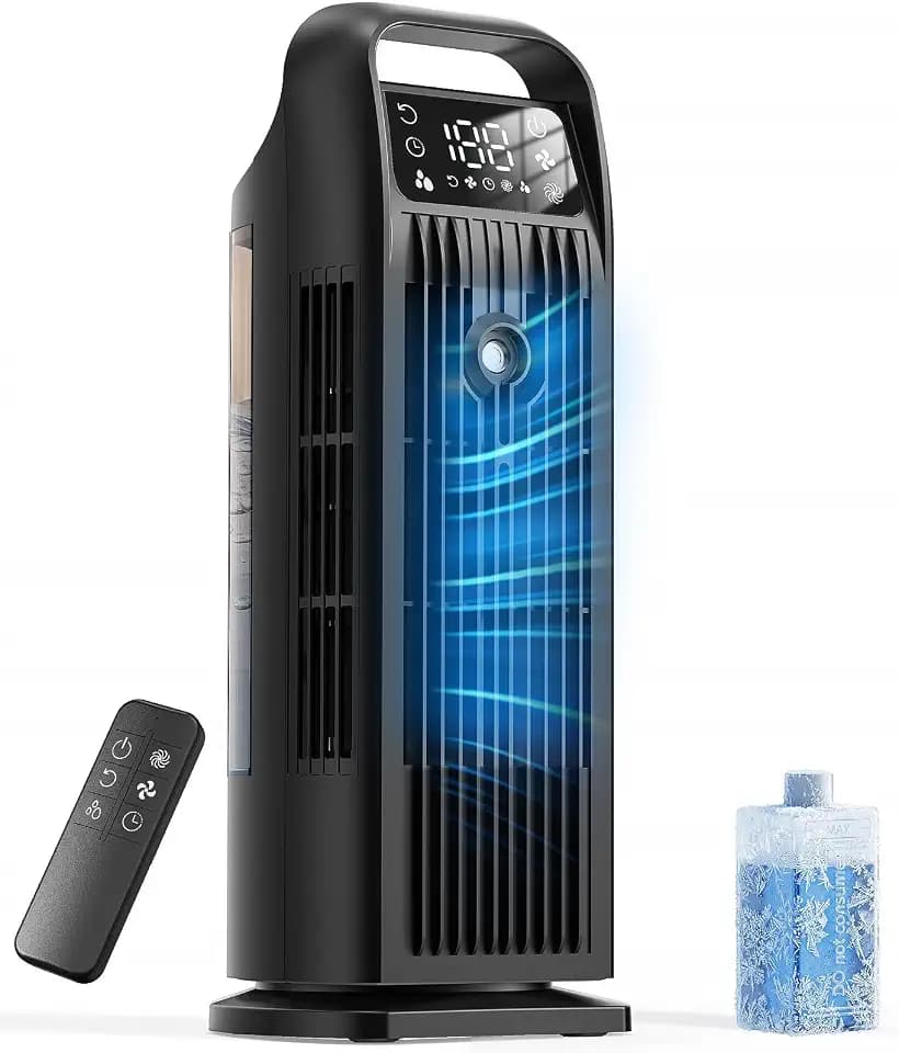 Portable Air Conditioner, 4 in 1 Evaporative Air Cooler with Remote Control, 1200ML Water Tank, 120 Oscillating, 4 Speeds, 12H Timer, Mist Spray Tower Fan for Home Office, Black