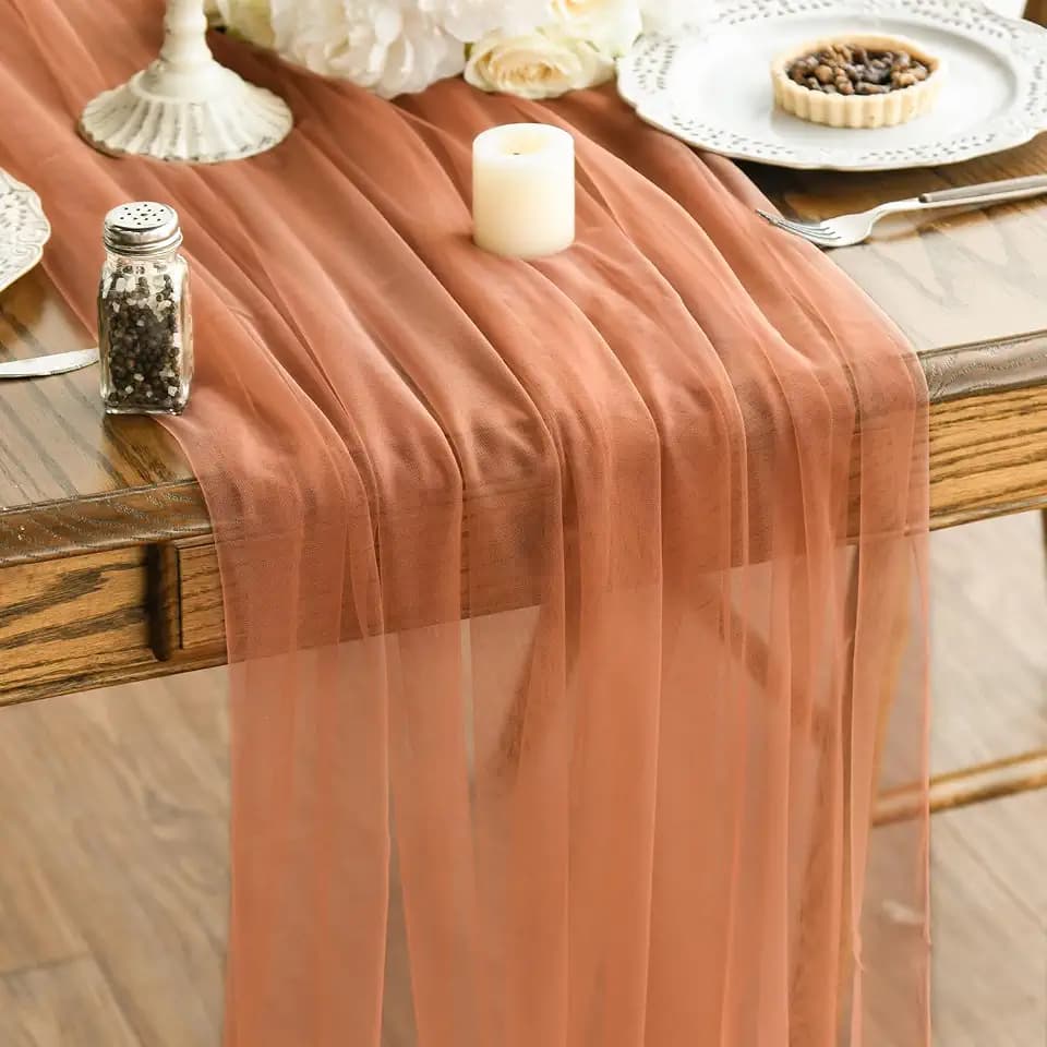 Artoid Mode 3PCS Terracotta Gauze Table Runner 120 Inch 10FT, Seasonal Sheer Kitchen Dining Holiday Wedding Birthday Baby Shower Table Decor for Home Party