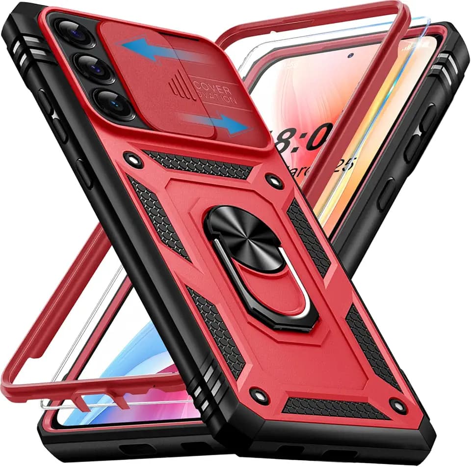 Giyer für Samsung Galaxy S24 5G Hülle mit Schutzfolie, Handyhülle S24 5G Tache mit Kameraschutz 360° Metall Ring Ständer Stoßfest Bumper Schutzhülle Samsung S24 Case Cover (Rot)