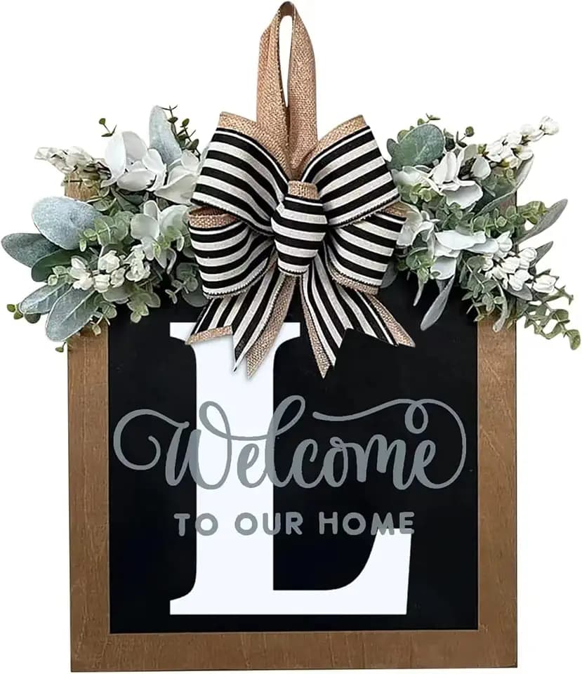 Last Name Year Round Front Door Wreath Front Porch Decoration 26 Letter Welcome Sign with Eucalyptus Garland and Bow Spring Wreaths for Front Door Outside Hanger Garland(L)