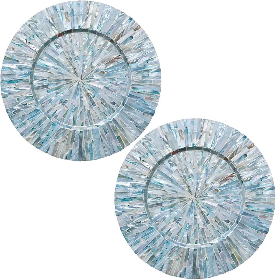 i-lan 13inch 2 Pack Mother of Pearl Decorative Plates for Display, Sea Shell Inlay Wood Charger Plates for Dining, Party, Modern and Coastal Decoration Placemats for Dinner Plates,Blue Ray
