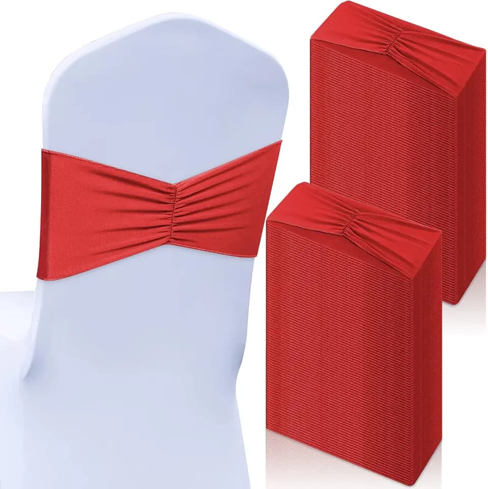 Moukeren 50 Pcs Spandex Chair Sashes Bows Stretch Chair Bands, Red