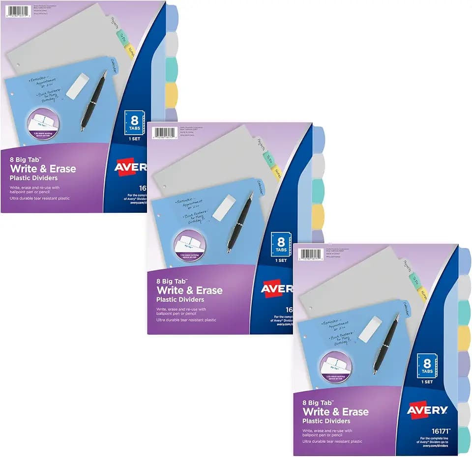 Avery® Write & Erase Plastic Dividers, 8-Tab, Multicolor, 3 Sets