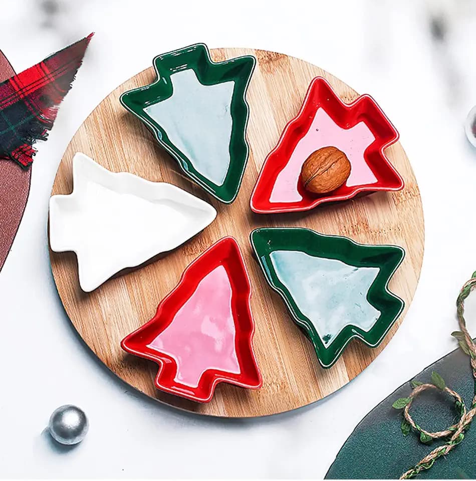 Rotatable Colorful 10.8 Inches 5pcs Christmas Tree Plates Chip & Dip Set Ceramic Snack Plate with Bamboo Tray, Round Removable Porcelain Appetizer Dessert Fruit Salad Saucer Bowls Cutlery Platter Dish