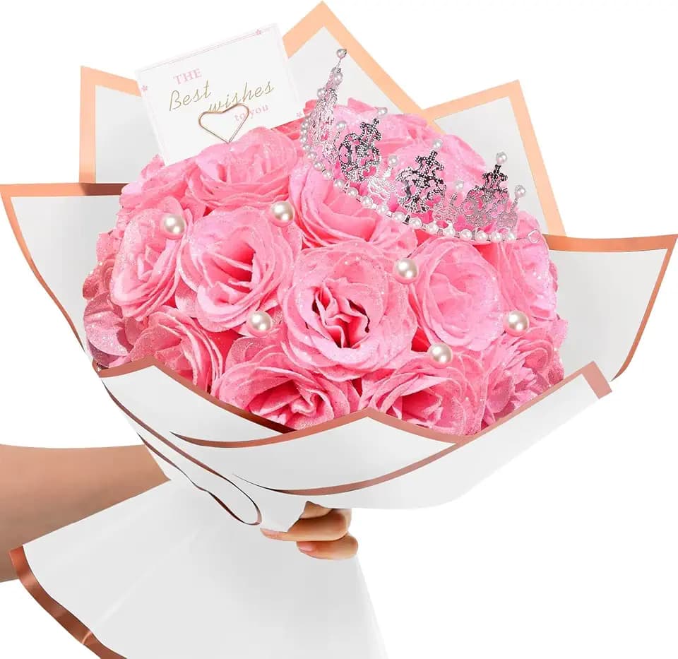 TLY Glitter Roses Bouquet,24 Pcs Pink Flower Bouquet,Birthday Gifts for Women,DIY Artificial Flowers for Mom Grandma Wife Girlfriend Mother's Day Graduation Anniversary Engagement Wedding