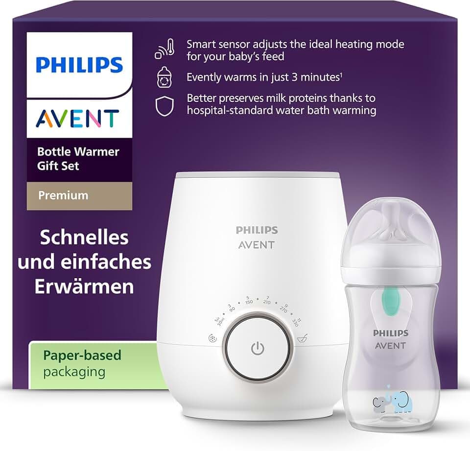 Philips Avent Flaschenwärmer Geschenkset – Schneller Premium-Flaschenwärmer und Natural Response Babyflasche, intelligente Temperaturregelung, automatische Abschaltung, Auftaufunktion, SCF358/10
