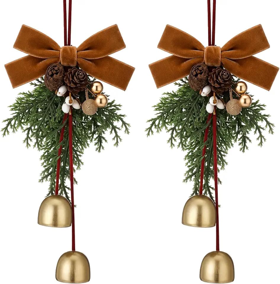 2 Pcs 10 in Large Christmas Wreath Bow with Bell for Tree Decor, Brown
