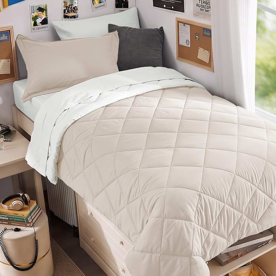 MUXHOMO 5 Pieces Twin XL Comforter Set, Reversible Bed in a Bag Twin XL Size, All Season Bedding Set with Comforter, Flat Sheet, Fitted Sheet, Pillowcases & Shams, Beige & White