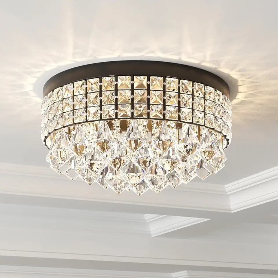 Maxax 4 Lights Crystal Chandelier, Recessed Drum Ceiling Light, Mini Crystal Flush Mount Round Metal Shade Raindrop Chandelier Crystal for Dining Room Living Room Bathroom Bedroom, Black