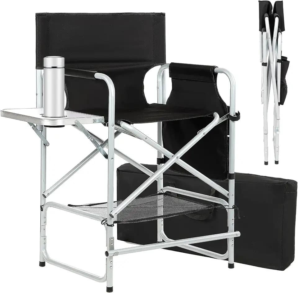 Tall Makeup Chair 41'', Director Chair 600 lbs Foldable Portable, Makeup Chair for Makeup Artist with Table, Cup Holder, Storage Bag & Footrest