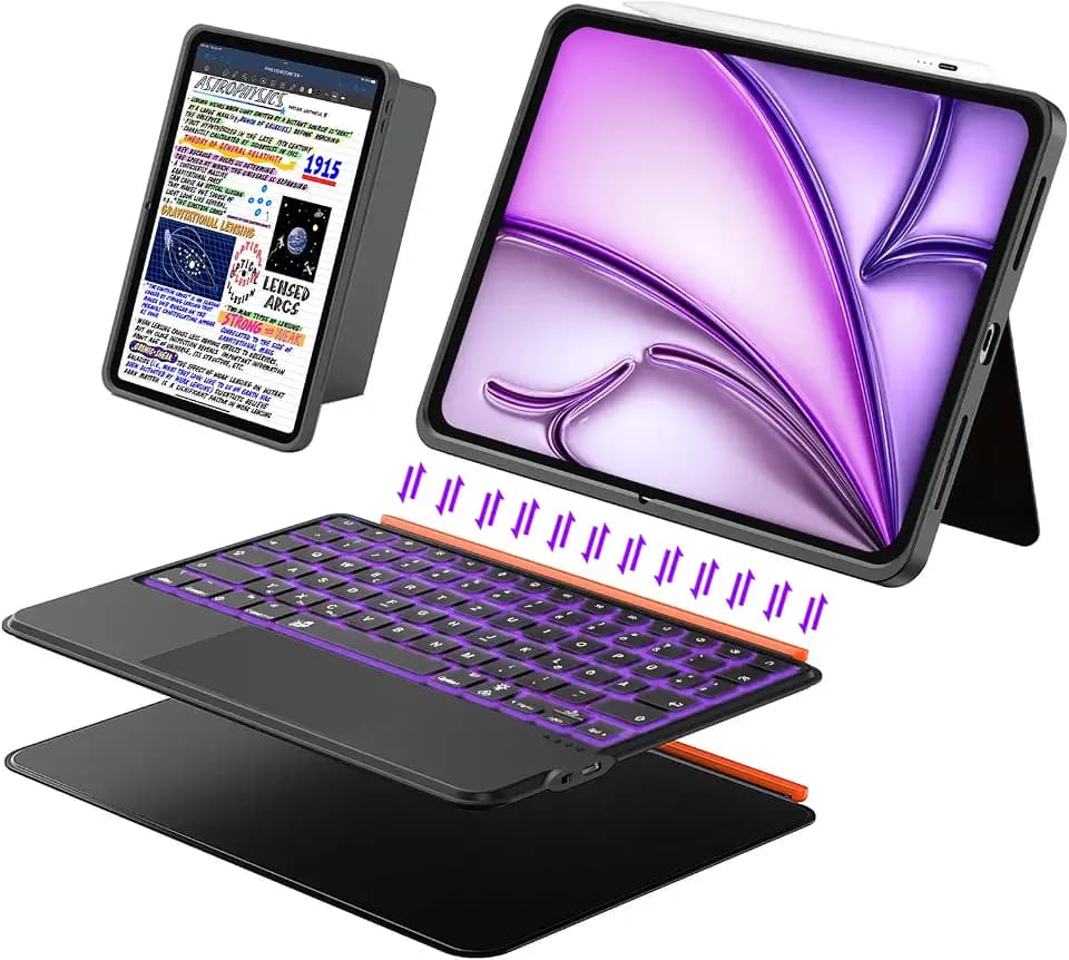 Tastatur Hülle für iPad Air 13 Zoll (M4/M3/M2, 2026/2025/2024), Pro 12.9 6/5/4/3 Gen, Abnehmbare Tastatur mit Trackpad, Federnde Beleuchtete Tasten, Schlanke iPad HüLle mit StäNder (Schwarz)