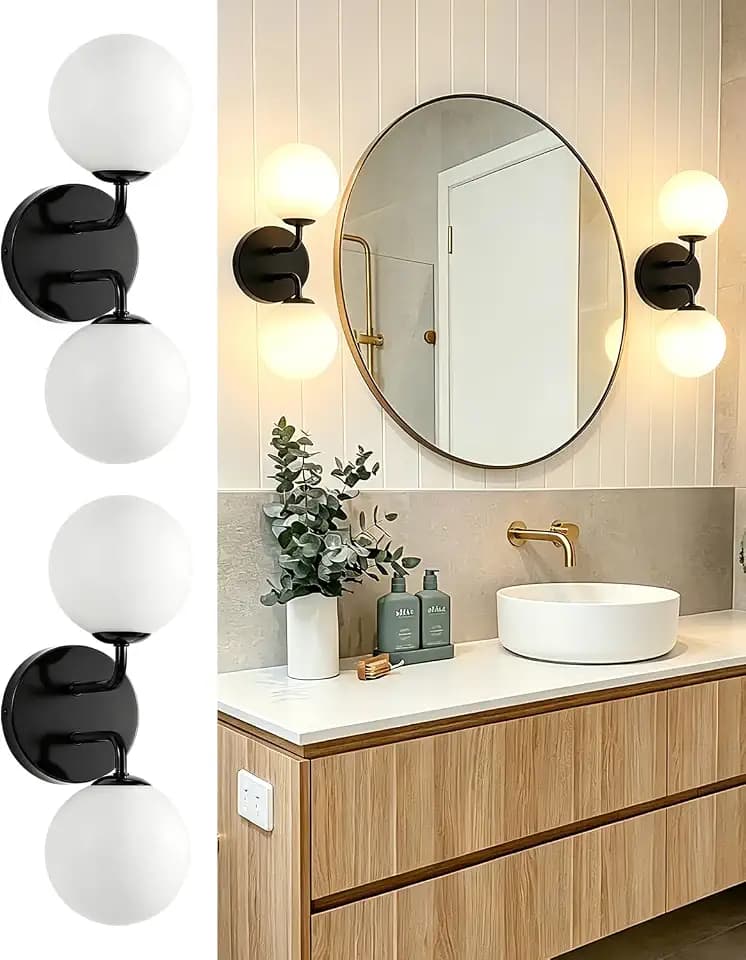 Yunnix 2 Pack Black Bathroom Vanity Light, Modern Globe Vanity Light with Milk White Glass Shade, Mid Century Vanity Lighting Wall Sconce for Mirror, Bathroom Hallway Entryway(Bulbs Not Included)