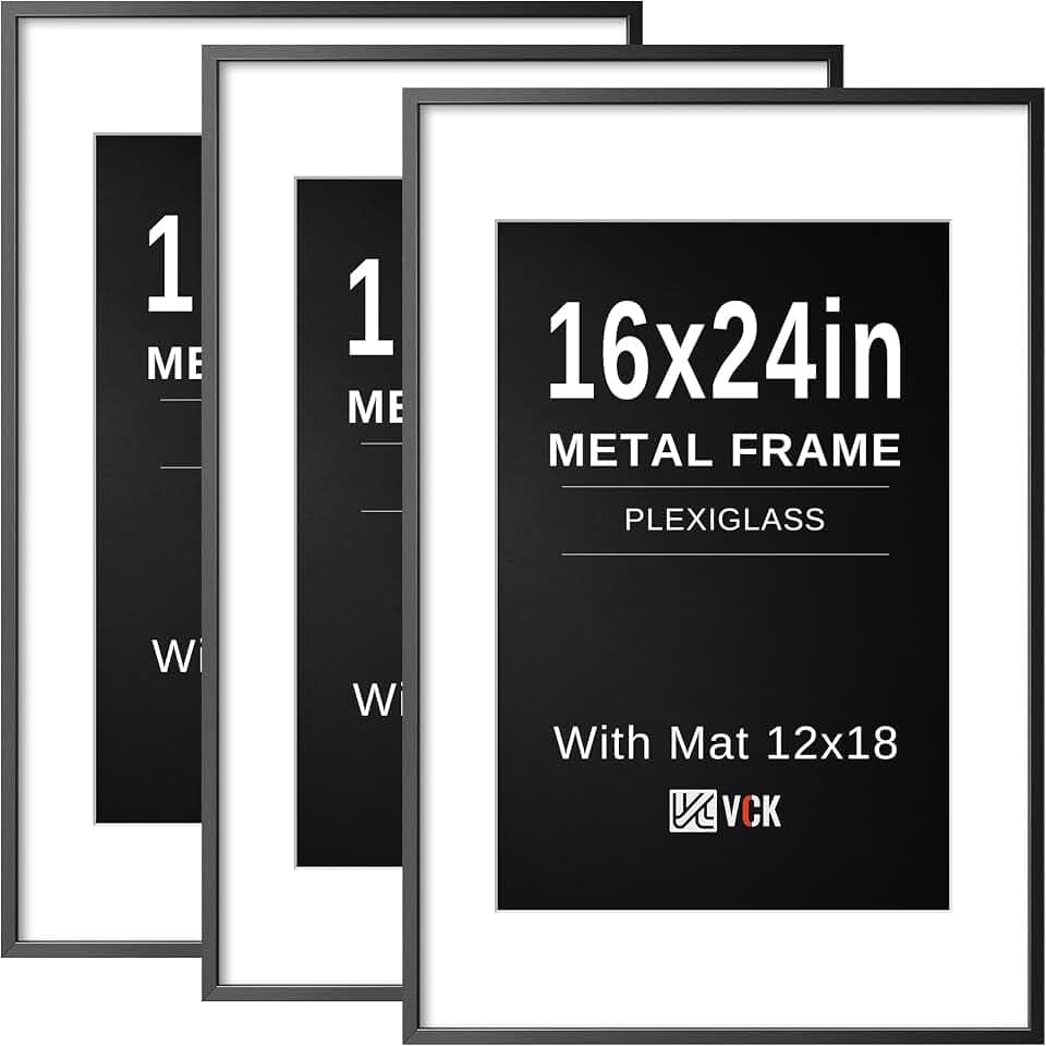 VCK 16x24 Frame, Black Metal - Matted to 12x18, 3 Pack, for Art Print