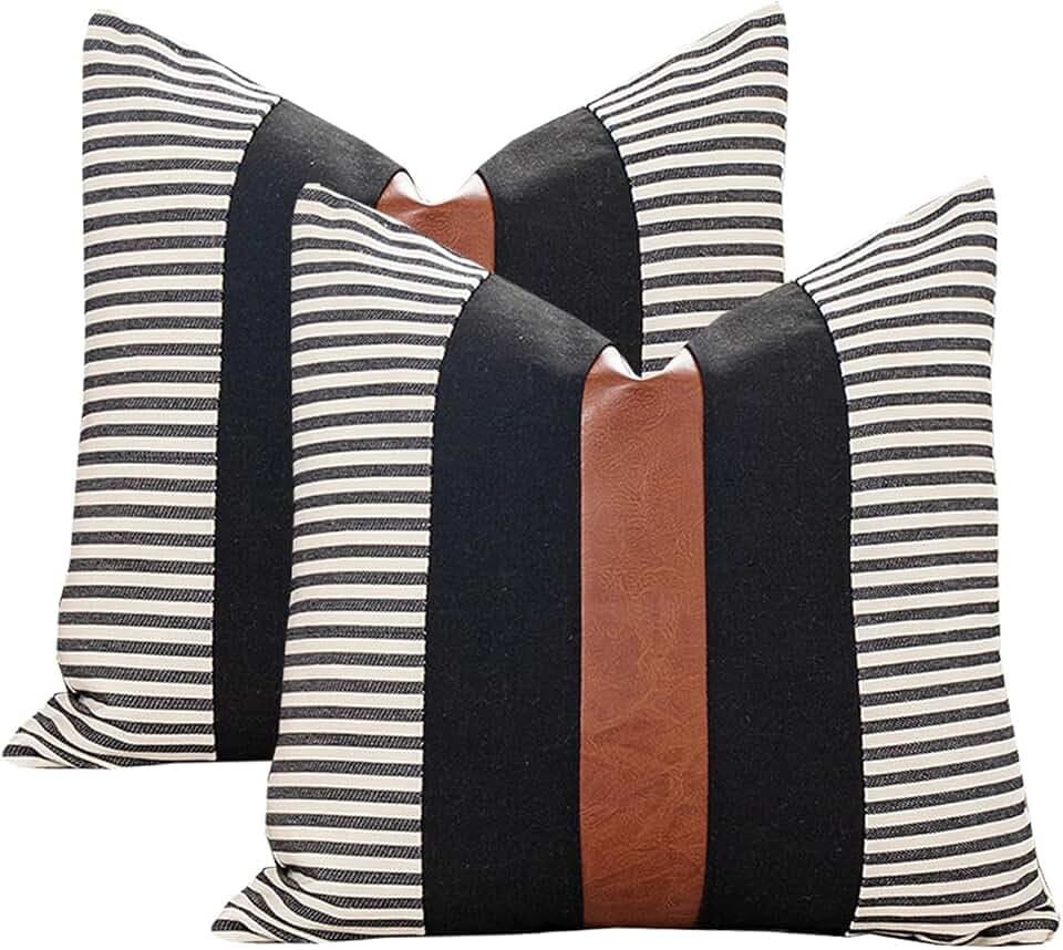 Set of 2 Boho Decorative Throw Pillow Covers 22x22 Inch Farmhouse Stripe Pillow Case,Faux Leather Modern Cushion Cover for Living Room Couch Bed Natural Decor Pillowcase Black and Brown