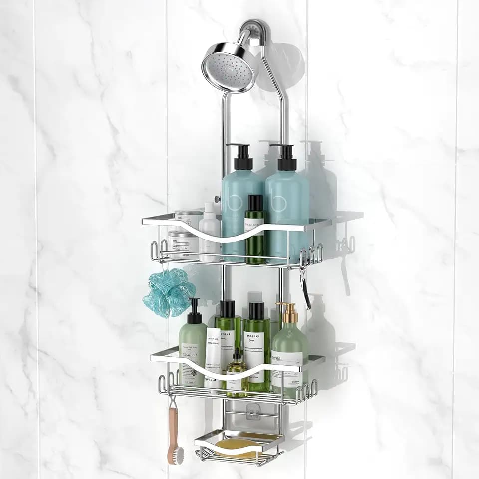 REINHARDT Adjustable Shower Caddy Hanging Over Shower Head, Silver