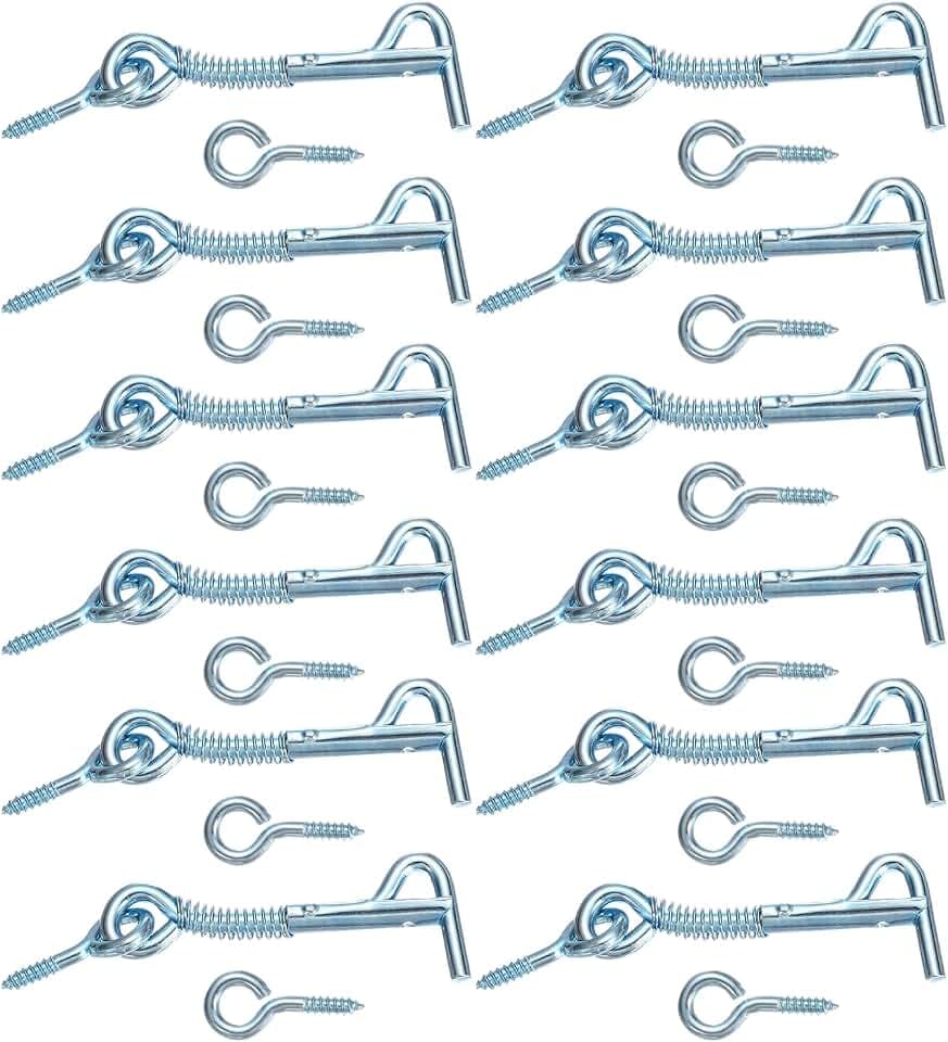 uxcell 12Pcs Cabin Hook Eye Latch, 2.5" Zinc Plated Iron Spring Hook and Eye Safety Latch with Mounting Screw for Wood Window Door and Cabinets