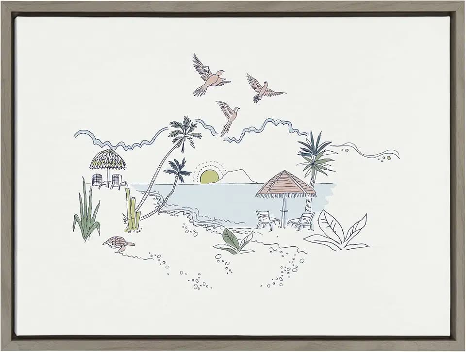 Kate and Laurel Sylvie Tropical Beach Scene Framed Canvas Wall Art by The Creative Bunch Studio, 18x24 Gray, Coastal Beach Illustration for Wall