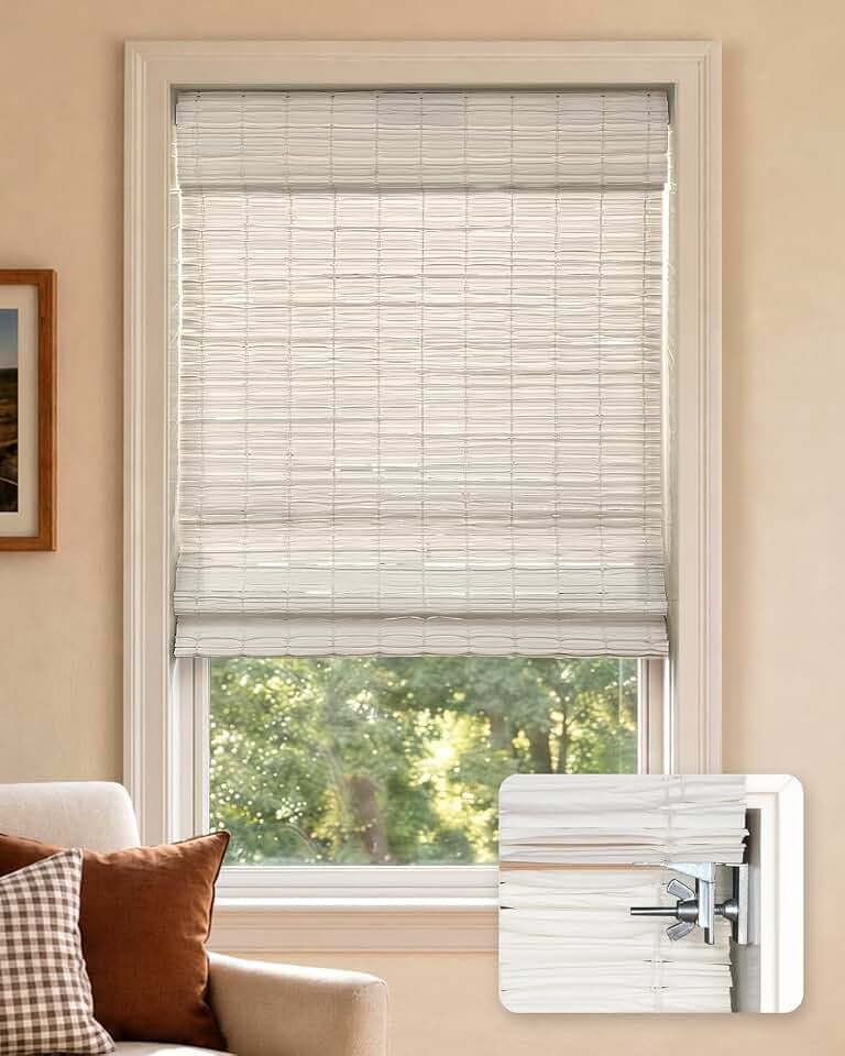 LazBlinds No Drill Cordless Roman Shades for Windows, 34" W x 64" H, White