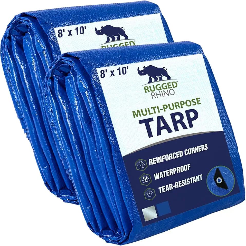 RUGGED RHINO Heavy Duty Waterproof Tarp, Reinforced Corners 2 Pk 8x10 Blue