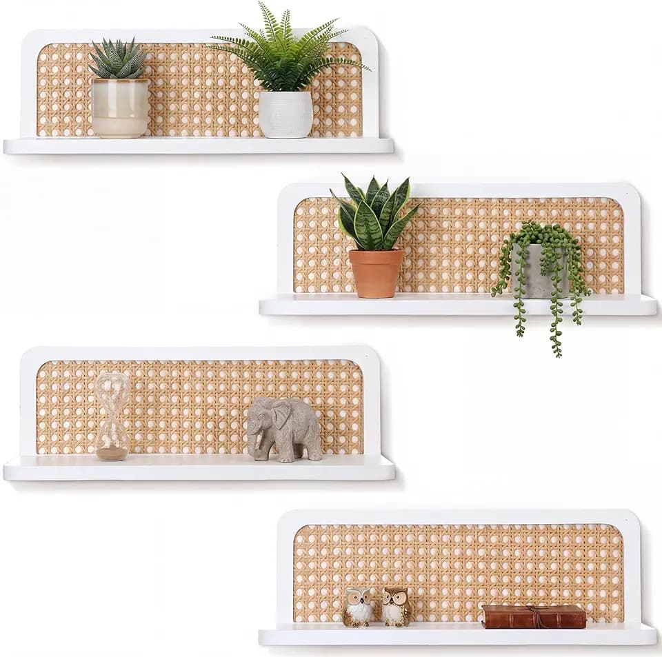 Kathfly Set of 4 Rattan Wall Shelf Boho Floating Shelves for Wall Mounted Rustic Wood Hanging Plant Shelf 16'' White for Bohemian Mid Century Bathroom Living Room Bedroom Book Storage Farmhouse Decor