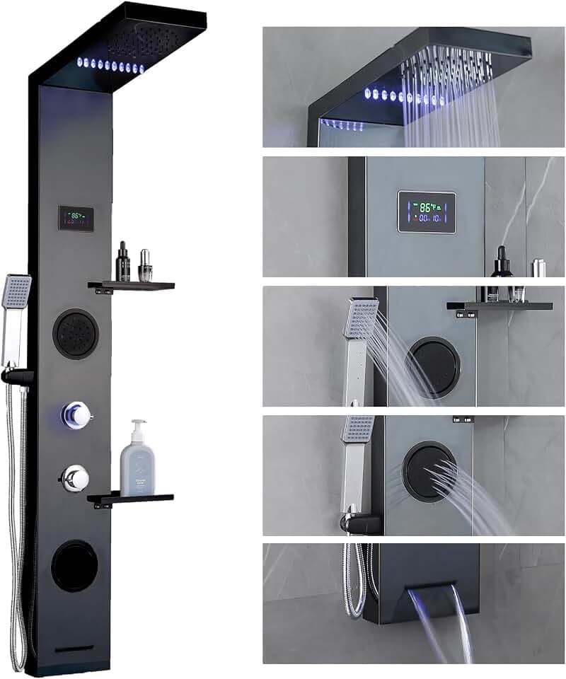 LED Black Shower Panels Tower System with Storage Shelf, LCD Temperature Display 304 Stainless Steel with Rainfall Shower Head with Handheld Massage Body Jets Bathroom Matte Waterfall Bathtub