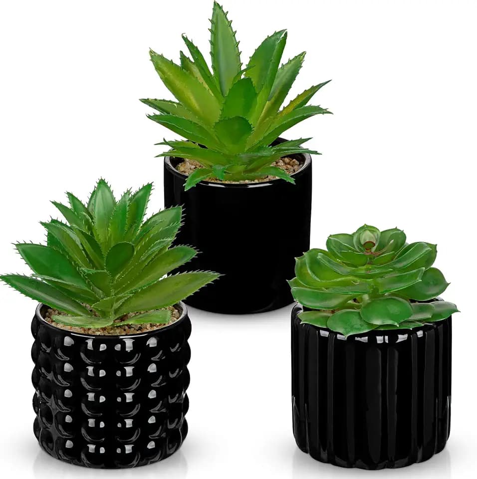 Briful Succulents Plants Artificial in Black Ceramic Pots (Set of 3), Small Fake Plants for Home Office Desk Decor – Modern Mini Potted Succulents for Bathroom, Bedroom, Living Room Table, Shelf