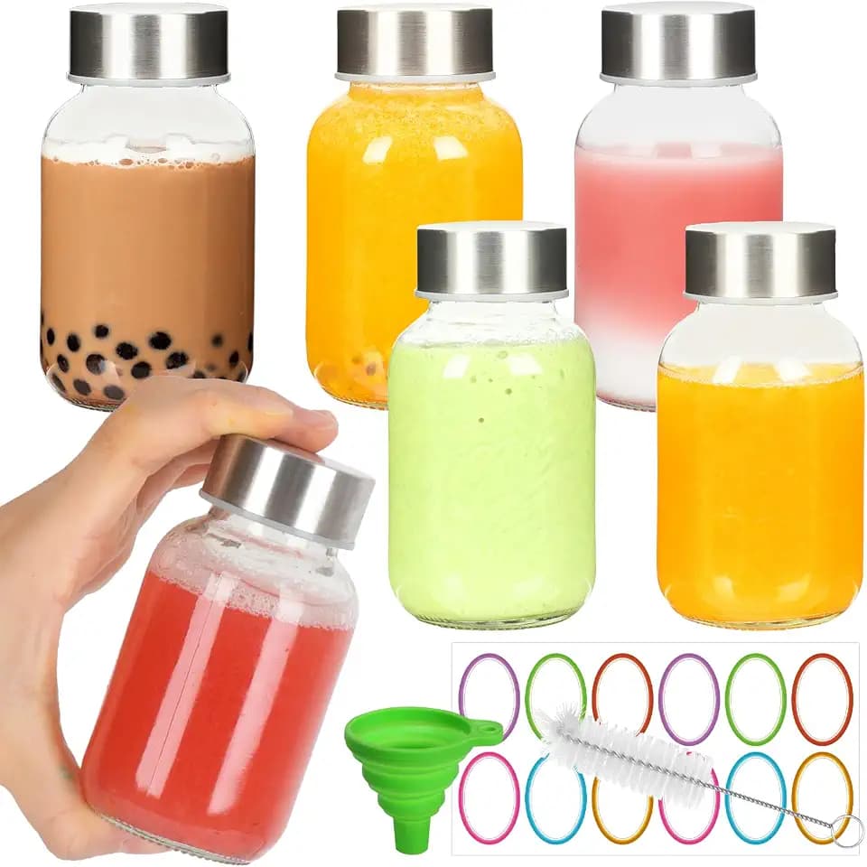 5 oz Glass Juice Bottles with Lids, 6 Pack Clear Water Bottles