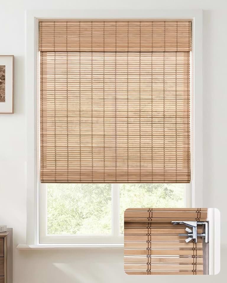 UNISHADES No Drill Cordless Bamboo Roman Shades, 21×64 in, Sand Tan