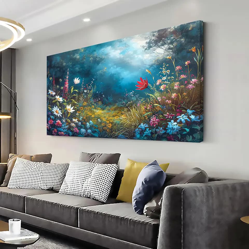 LASMOND Beautiful Colorful Grassland in Forest Landscape Wall Art Decor Artwork for Bedroom (24x48 Inches)