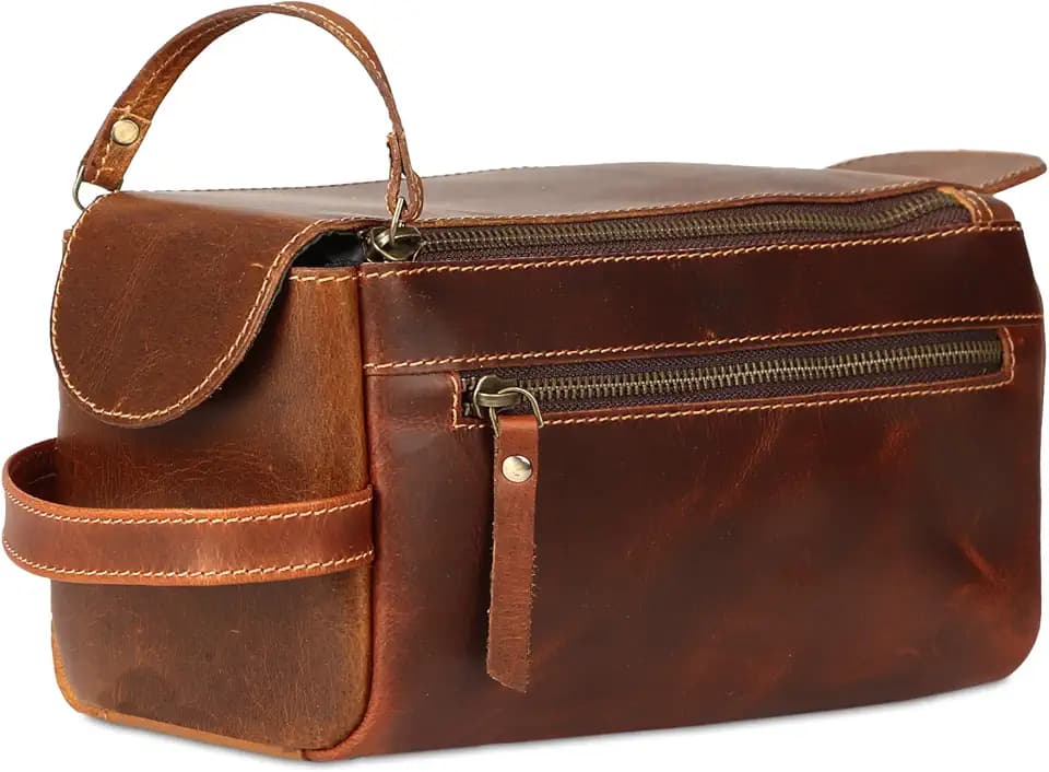 KomalC Buffalo Leather Toiletry Bag for Men & Women, Travel Pouch