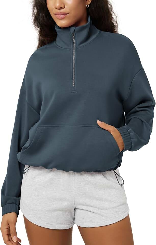ODODOS Women's Modal Soft Cinchable Sweatshirts Half Zipper Funnel Neck Oversize Pullover with Pockets