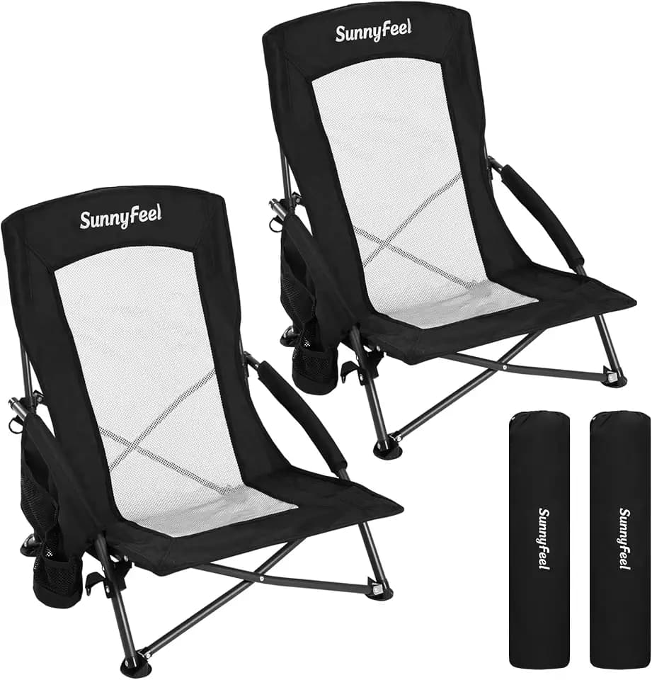 SUNNYFEEL Low Beach Chair 2 Pack, High Back Folding Beach Chairs for Adults with Cup Holder & Side Pocket, Lightweight Backpack Sand Chair Portable for Beach Camping Concert Lawn