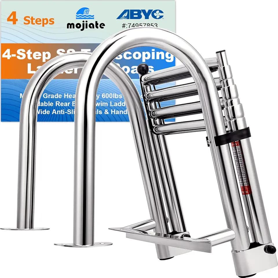 4-Step Stainless Steel Telescoping Dock Ladder for Pontoon Boats - Heavy Duty 600lbs Capacity, Foldable Rear Entry Swim Ladder with Wide Anti-Slip Pedals & Handrails