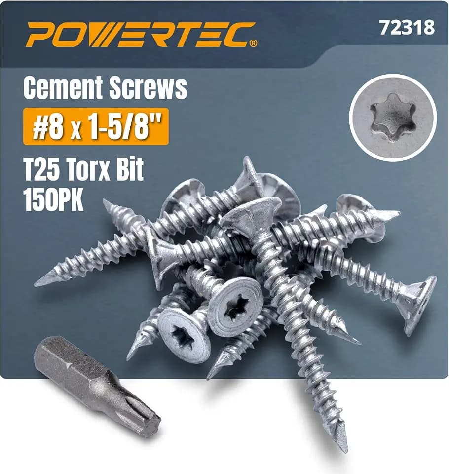 POWERTEC Cement Screws #8 x 1-5/8″, Ruspert Coated Concrete Screws with T25 Torx Star Drive Bit – High-Low Thread Masonry Screws for Cement Board, Concrete & Brick, 150-Pack (72318)
