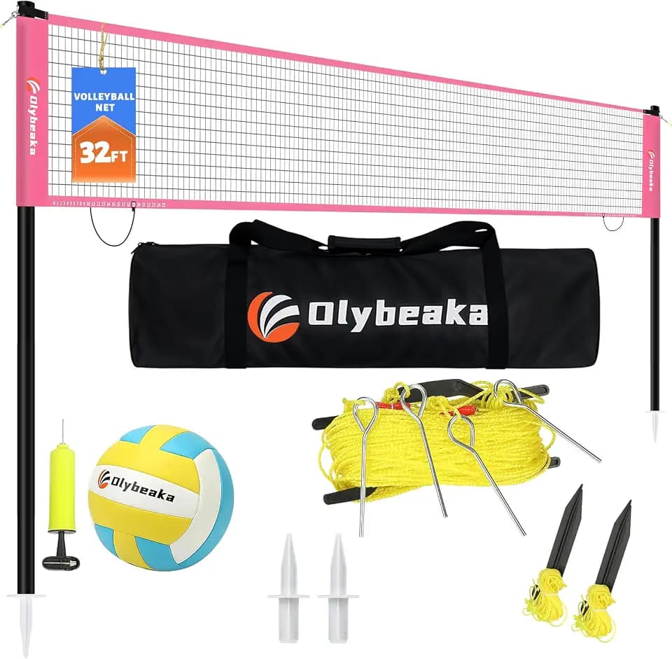 32FT Outdoor Portable Volleyball Net Set with 4 Adjustable Height Poles
