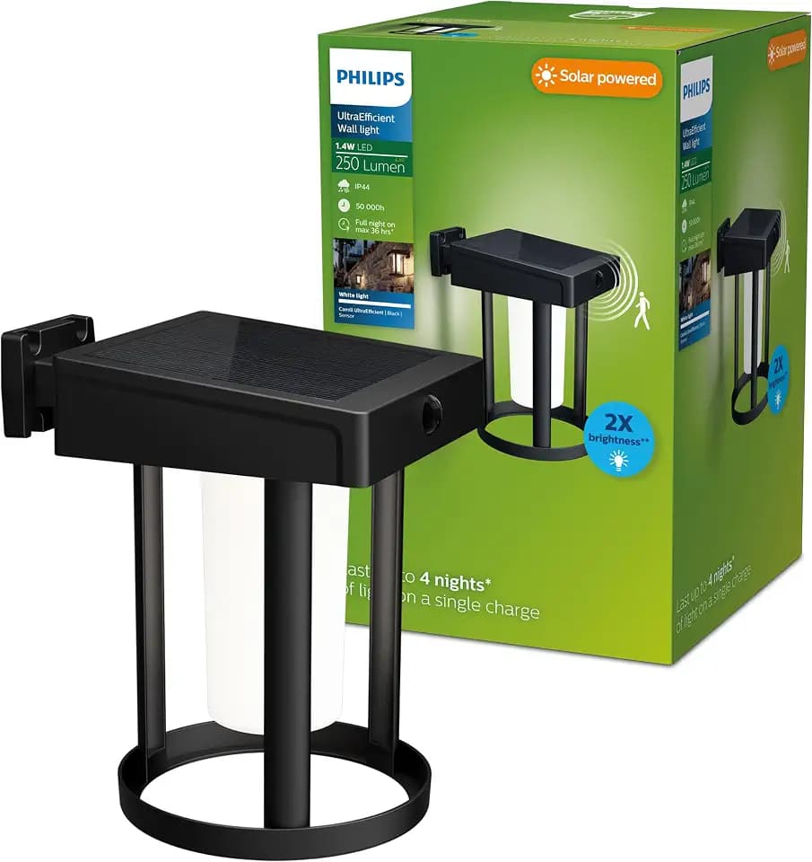PHILIPS Outdoor Ultra-Efficient Solar Camill Wandleuchte 1,4W, Dual-Bright Sensor, rund, matt, 3000 Kelvin, IP44 wetetrfest, schwarz